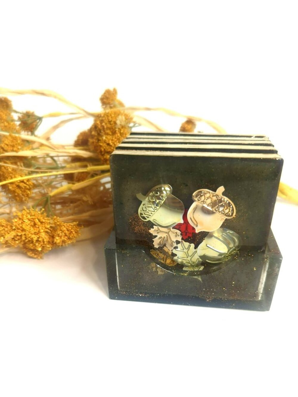 Handmade Resin Square Coaster Set With Holder Fall Autumn Themed Leaves Pumpkin